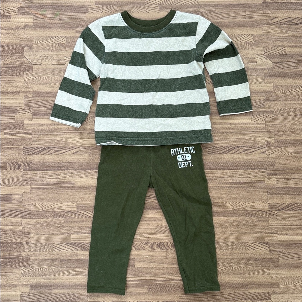 Toddler Outfit - Green Striped Long-Sleeve Shirt and Green Bottoms